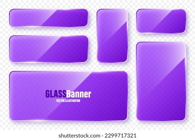 Realistic glass frames collection. Violet transparent glass banners with flares and highlights. Glossy acrylic plate, element with light reflection and place for text. Vector illustration