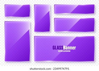 Realistic glass frames collection. Violet transparent glass banners with flares and highlights. Glossy acrylic plate, element with light reflection and place for text. Vector illustration