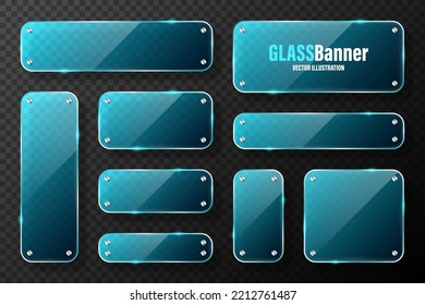 Realistic glass frames with metal holders. Blue transparent glass banners with flares and highlights. Glossy acrylic plate, element with light reflection and place for text. Vector illustration
