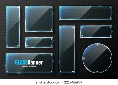 Realistic glass frames with metal holders. Blue transparent glass banners with flares and highlights. Glossy acrylic plate, element with light reflection and place for text. Vector illustration