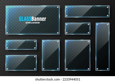 Realistic glass frames with metal holders. Blue transparent glass banners with flares and highlights. Glossy acrylic plate, element with light reflection and place for text. Vector illustration