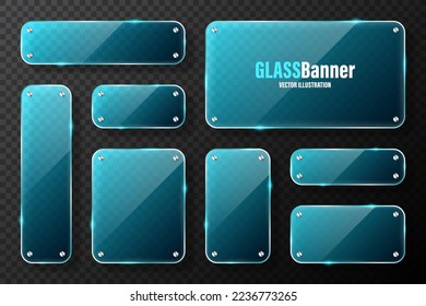 Marcos de vidrio realistas con portaobjetos metálicos. Banderas de vidrio azul transparente con bengalas y resaltados. Placa acrílica brillante, elemento con reflexión luminosa y lugar para texto. Ilustración del vector