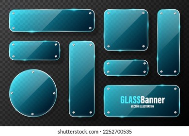 Realistic glass frames with metal holders. Blue transparent glass banners with flares and highlights. Glossy acrylic plate, element with light reflection and place for text. Vector illustration