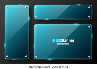 Realistic glass frames with metal holders. Blue transparent glass banners with flares and highlights. Glossy acrylic plate, element with light reflection and place for text. Vector illustration