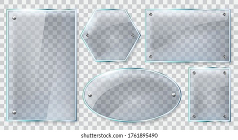 Realistic glass frames. Reflective plate, clear glass or plastic 3d banners, reflecting mockups isolated vector illustration set. Glass frame banner material, realistic plaque