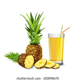 Realistic glass full of juice with cocktail straw and pineapple fruit isolated on white background vector illustration