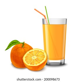 Realistic glass full of juice with cocktail straw and orange fruit isolated on white background vector illustration