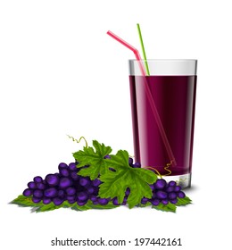 Realistic glass full of juice drink with cocktail straw and grape branch isolated on white background vector illustration