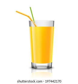 Realistic glass full of orange juice drink with cocktail straw isolated on white background vector illustration