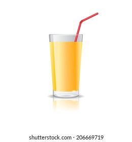 Realistic glass full of orange juice drink with cocktail straw isolated on white background vector illustration