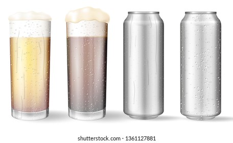 Realistic glass glasses and aluminum cans with a beer.  Beer glasses and steel cans with water drops. Vector illustration. 