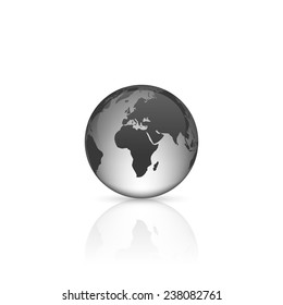 Realistic glass globe with reflection on white background.