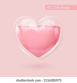 Realistic glass heart with pink liquid and bubbles. Symbol of love. Be my Valentine. Vector illustration for card, party, design, flyer, poster, decor, banner, web, advertising.