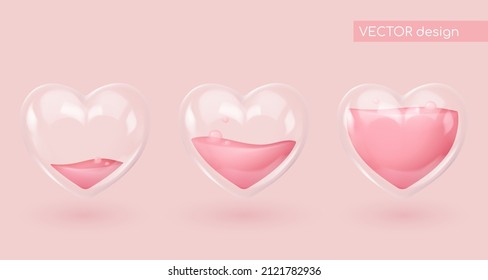 Realistic glass hearts with pink liquid with bubbles. Symbol of love. Vector illustration for card, party, design, flyer, poster, banner, web, advertising.