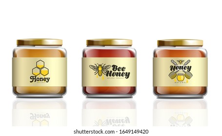 Realistic glass honey jar mockup set with label logo template isolated on white background - sweet dessert food container collection. Vector illustration.