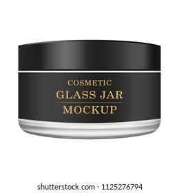 Realistic glass jar with black label for cosmetics - body cream, butter, scrub, foundation cream, gel, skin care, powder. Premium product. Package template. Vector mock up