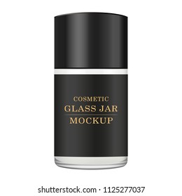 Realistic glass jar with black label for cosmetics - body cream, butter, scrub, foundation cream, gel, skin care, powder. Premium product. Package template. Vector mock up