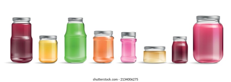 Realistic glass jar color set with isolated images of colored cans with reflections on blank background vector illustration