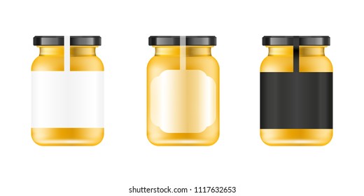 Realistic glass jar. Food bank. Sause packaging design. Mock up glass jar with design label or badges. Vector illustrations.