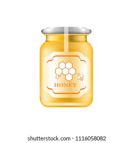 Realistic glass jar with honey. Food bank. Honey packaging design. Honey logo. Mock up glass jar with design label or badges. Vector illustrations