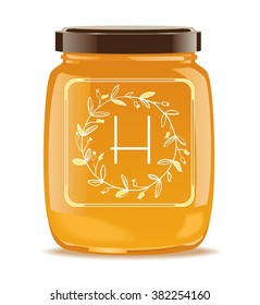 Realistic glass jar with honey or jam isolated on white. Transparent label with modern floral design. Vector illustration