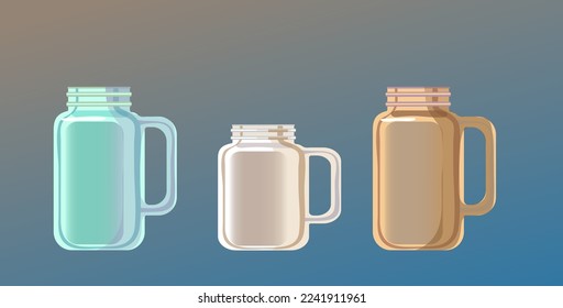 Realistic glass jars set with isolated images of transparent glossy vials of different size and shape vector illustration