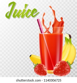 Realistic glass of juice with banana and strawberries