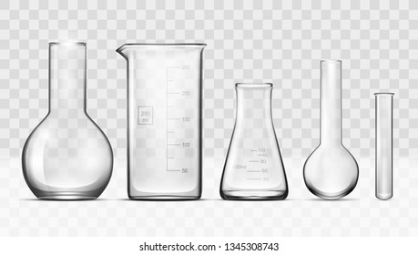 Realistic Glass Laboratory Equipment Set. Flasks, Beakers. EPS10 Vector