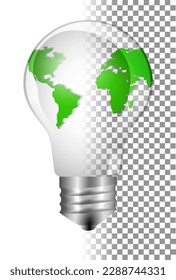 Bombilla de vidrio realista con un globo interior. Concepto de energía verde en el planeta Tierra. Día de la Tierra, hora de la Tierra. Mapa abstracto del mundo en miniatura
