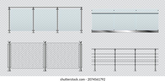 Realistic glass and metal balcony railings, wire fence. Transparent terrace balustrade with steel handrail. Pool fencing sections vector set. Banister sections or panels with pillars svg