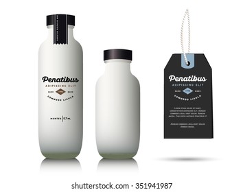 Realistic glass milk bottle. Mock up container. Package for drink with design label and paper tag