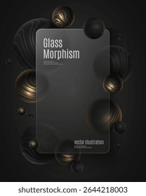 Realistic glass morphism effect and decorative 3D spheres textured with golden striped wavy pattern on black background. Elegant card design for product display or digital interfaces. Vector.