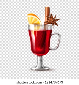 Realistic glass of mulled wine with orange slice, dried anise star in hot cocktail for christmas, new year party. Vector traditional xmas drink, cafe restaurant menu design transparent background