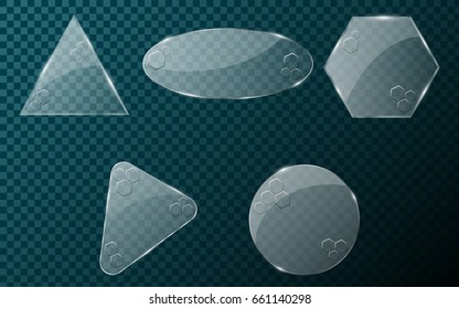 Realistic glass objects on a blue, transparent background. A set of blank banners for your projects. Hi-tech in design. Brilliant, clear glass. Vector illustration. EPS 10