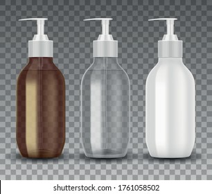 Realistic glass and plastic bottle with dispenser pump. Transparent bottle template mockup with liquid gel, soap, lotion, shampoo, cream isolated.