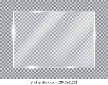 Realistic Glass plate concept. Design element with shiny rectangular glass for posters and infographics. Glass for windows or furniture. 3D vector illustration isolated on transparent background