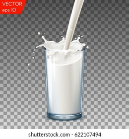 Realistic Glass To Pour Milk Splash, On A Transparent Background.