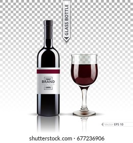 Realistic Glass of Red wine and bottle isolated on transparent background. Vector 3d detailed mock up set illustration