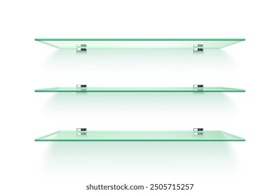 Realistic glass shelves with fasteners. Interior room with acrylic shelves. Template design for modern, rectangular, horizontal wall furniture. Empty bookshelf. 3d vector illustration