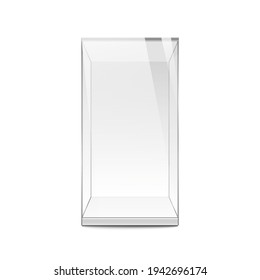 Realistic glass showcase isolated on white background. Empty glass box. Vector illustration.