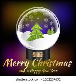 Realistic glass snow globe in vector. Merry Christmas and Happy New Year 2019.