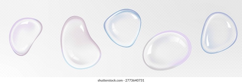 Realistic glass soap ball set with vibrant rainbow gradient and holographic sheen. Transparent 3D liquid bubble sphere with iridescent light refraction, colorful overlay and fluid water texture.