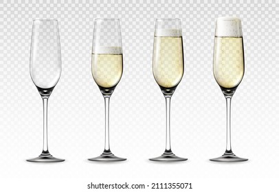 Realistic glass of sparkling wine. Transparent mockup of high wineglass with bubbled white grape drink. Wedding and Valentine day celebration toast. Vector 3D champagne glassware set