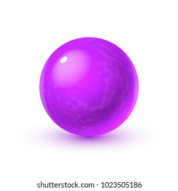 Realistic glass sphere with shadows, reflection of sky in mirror surface of purle pearl, 3D vector illustration isolated on white background