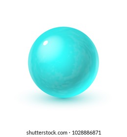 Realistic glass sphere with shadows, reflection of sky in mirror surface of cyan mint color pearl, 3D vector illustration isolated on white background