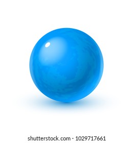 Realistic glass sphere with shadows, reflection of sky in mirror surface of blue pearl, 3D vector illustration isolated on white background