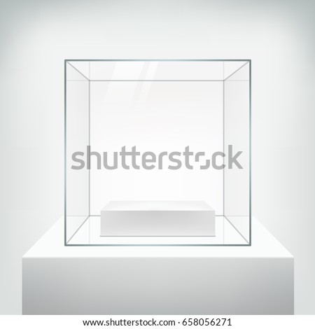 Realistic glass square showcase, vector. Empty glass box with white podium for product  isolated on white. 3d style. Illustration for exhibition and presentation.