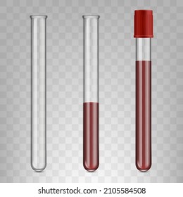 Tubos de prueba de vidrio realistas llenos de sangre, concepto médico de análisis de sangre. Ilustración vectorial de los tubos de ensayo de laboratorio médico