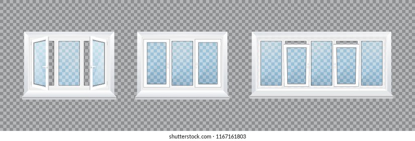 Realistic glass transparent plastic windows with window sills and sashes. White home and office open windows, with three and five sections, a handle for adjustment. Vector illustration isolated.