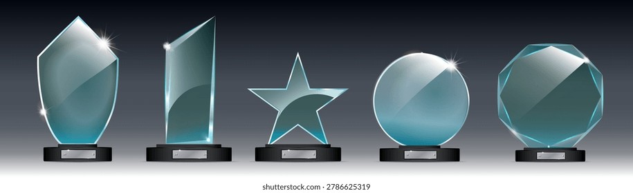 Realistic Glass Trophy Award Vector Template with Crystal Acrylic Cup and Transparent Winner Plaque
